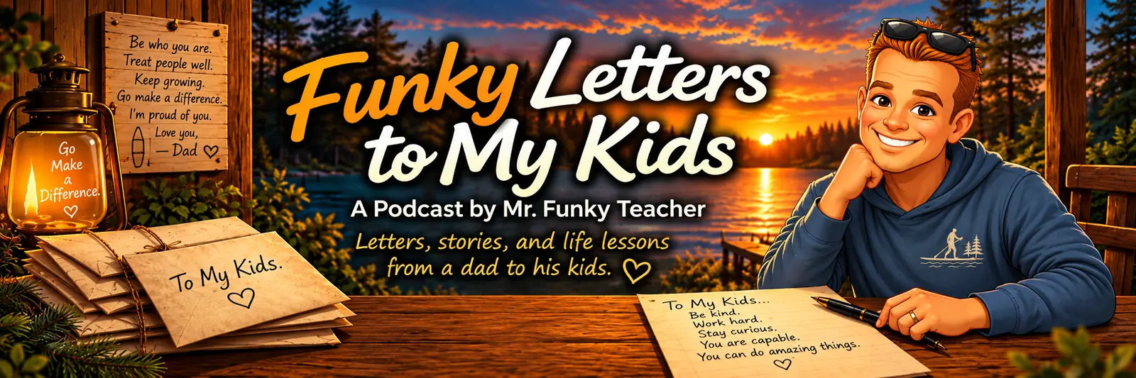 Funky Letters to My Kids podcast header featuring a sunset lake, letters to the kids, a lantern, and Mr. Funky Teacher in a paddleboarding sun hoodie